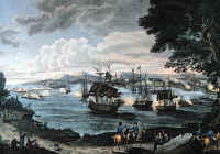 historic painting of ships on the lake