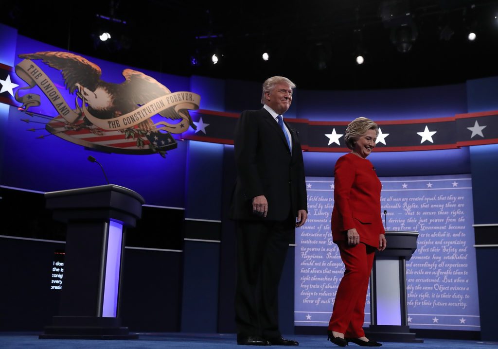 presidential candidates Donald Trump and Hillary Clinton on stage