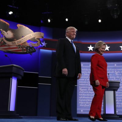 presidential candidates Donald Trump and Hillary Clinton on stage