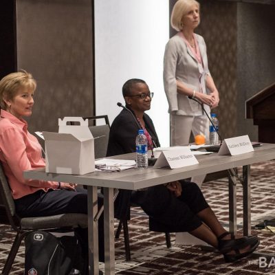 Charean Williams, Class of 1986, and Kathleen McElroy, Class of 1982, spoke to students, teachers and other attendees at Friday's seminar on diversity in journalism.