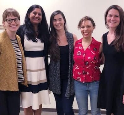 The Difficult Dialogues core team (L-R) Rebecca Costantini, current COMM PhD student; Dr. Srivi Ramasubramanian; Dr. Alexandra Sousa, former COMM PhD student; Vanessa Gonlin, current PhD in Sociology; Dr. Anna Wolfe. Not pictured: Asha Winfield, current COMM PhD; and Olivia Osteen, current COMM undergrad.