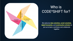 code shift welcomes data scientists, social scientists, digital humanists and social justice scholars to learn, contribute and collaborate together