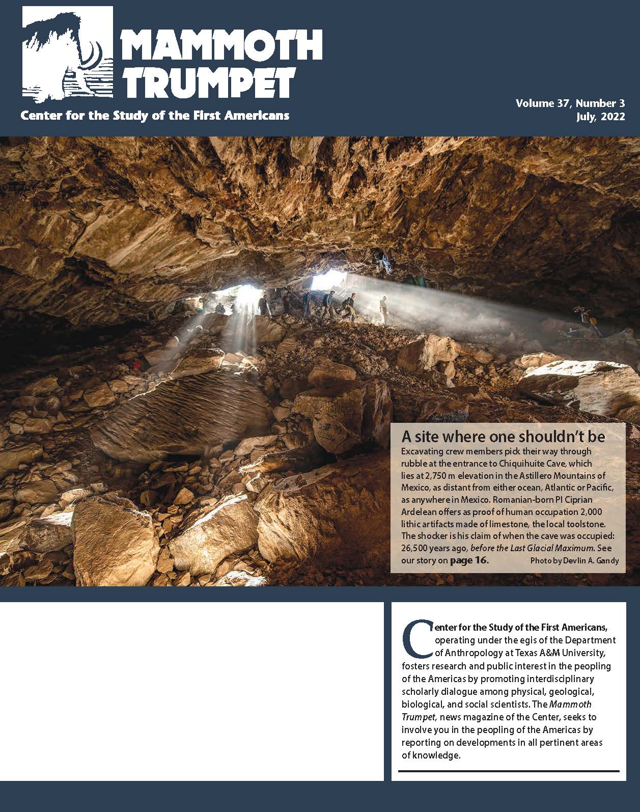 Cover of Mammoth Trumpet July 2022 featuring cave entrance of Chiquihuite cave.