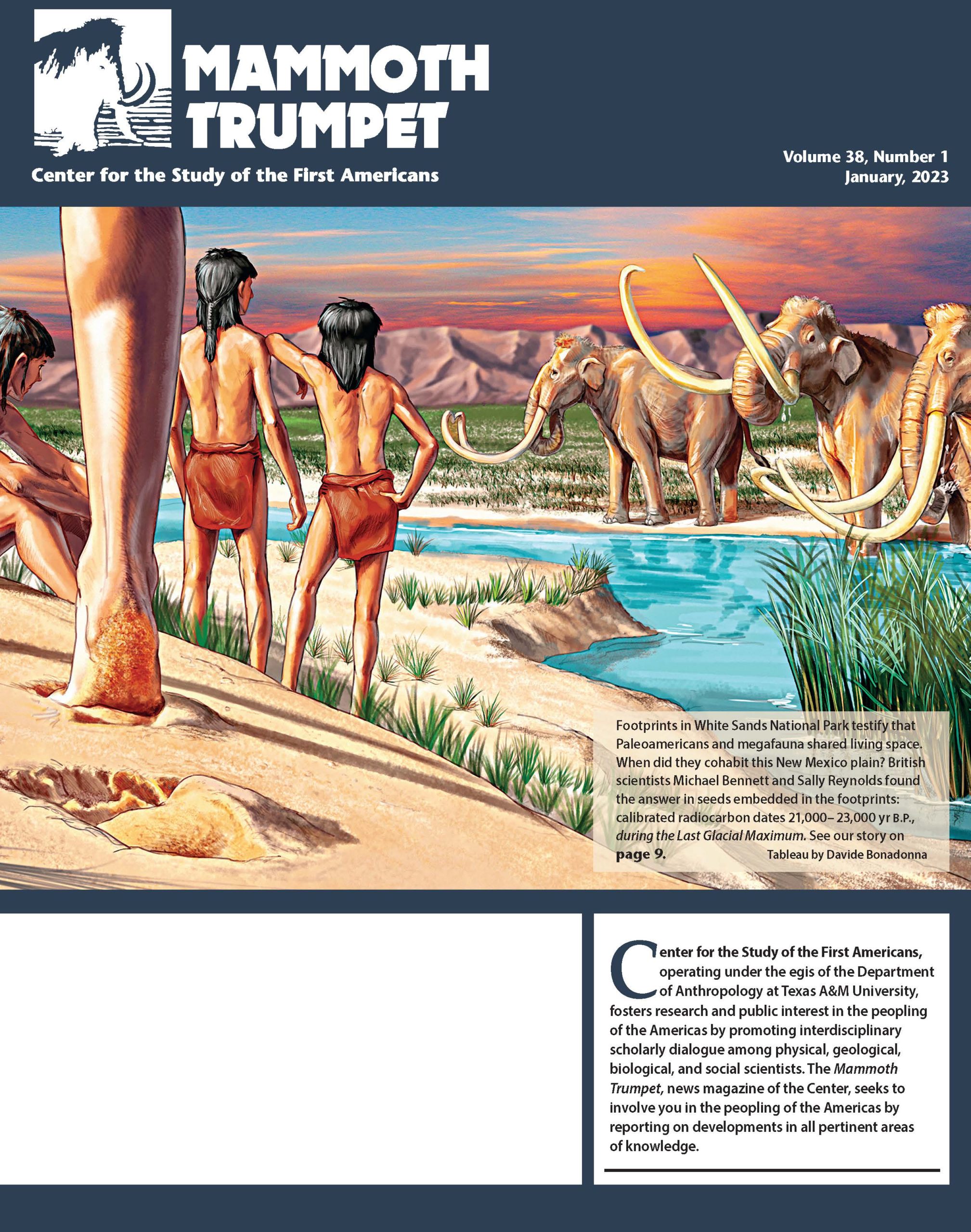 January mammoth trumpet cover. Painting of Paleoamericans and animals sharing space in ancient New Mexico.