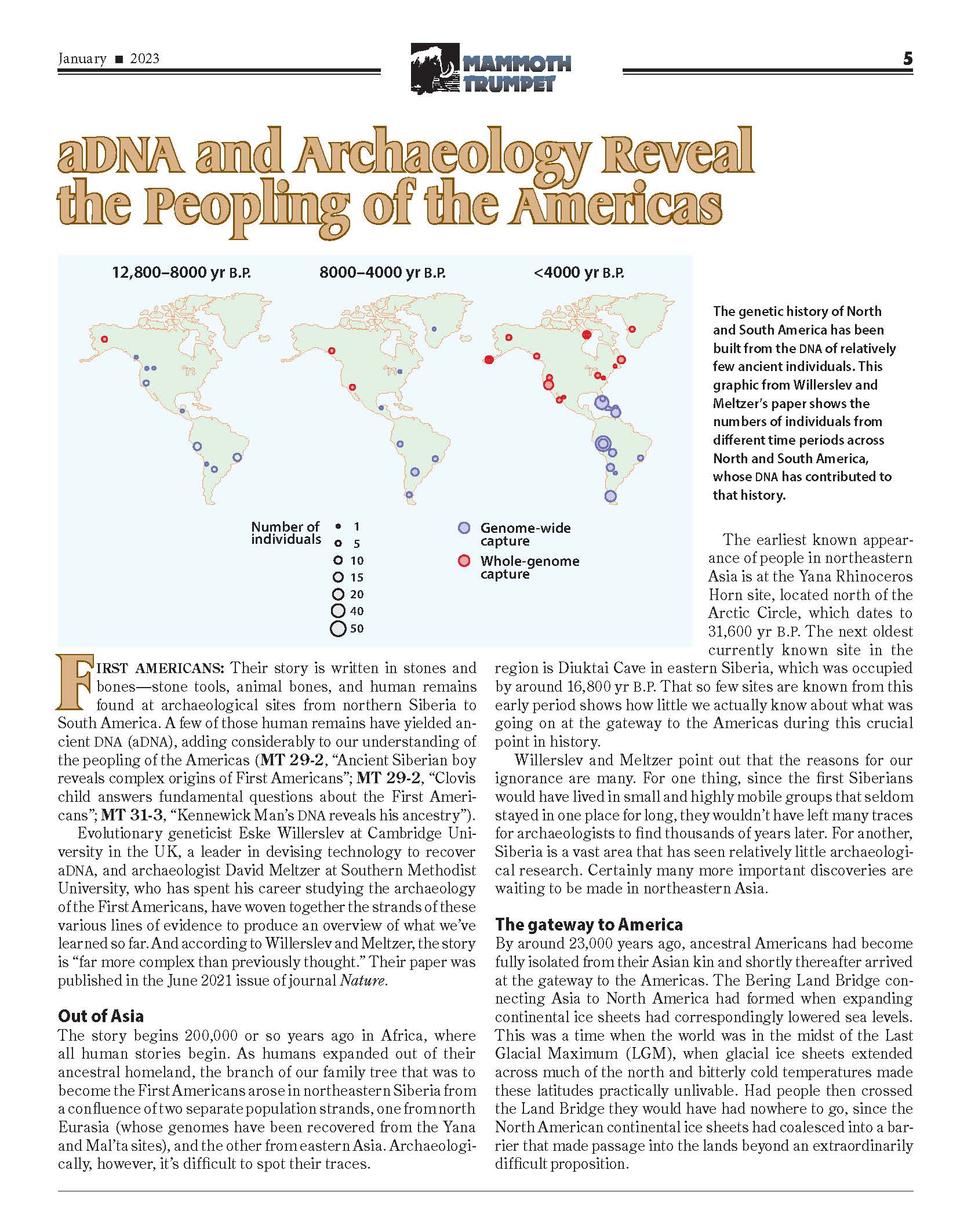 January mammoth trumpet page 5. DNA and archaeology reveal the peopling of the Americas.