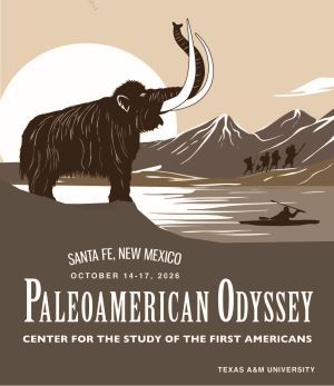 Paleoamerican Odessey Conference 2026 logo showing a mammoth in front of mountains with indigenous people in the background