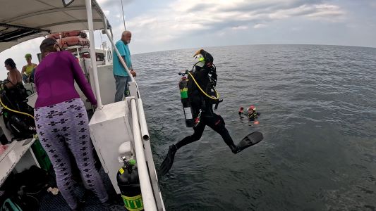 Diver jumping off side of boat into Lake Erie. several people watch from boat.