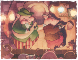 Illustration of two pigs playing wind instruments