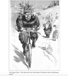 Mrs. Claus on a bicycle delivering gifts