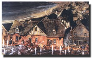 Painting showing homes being destroyed by the earthquake