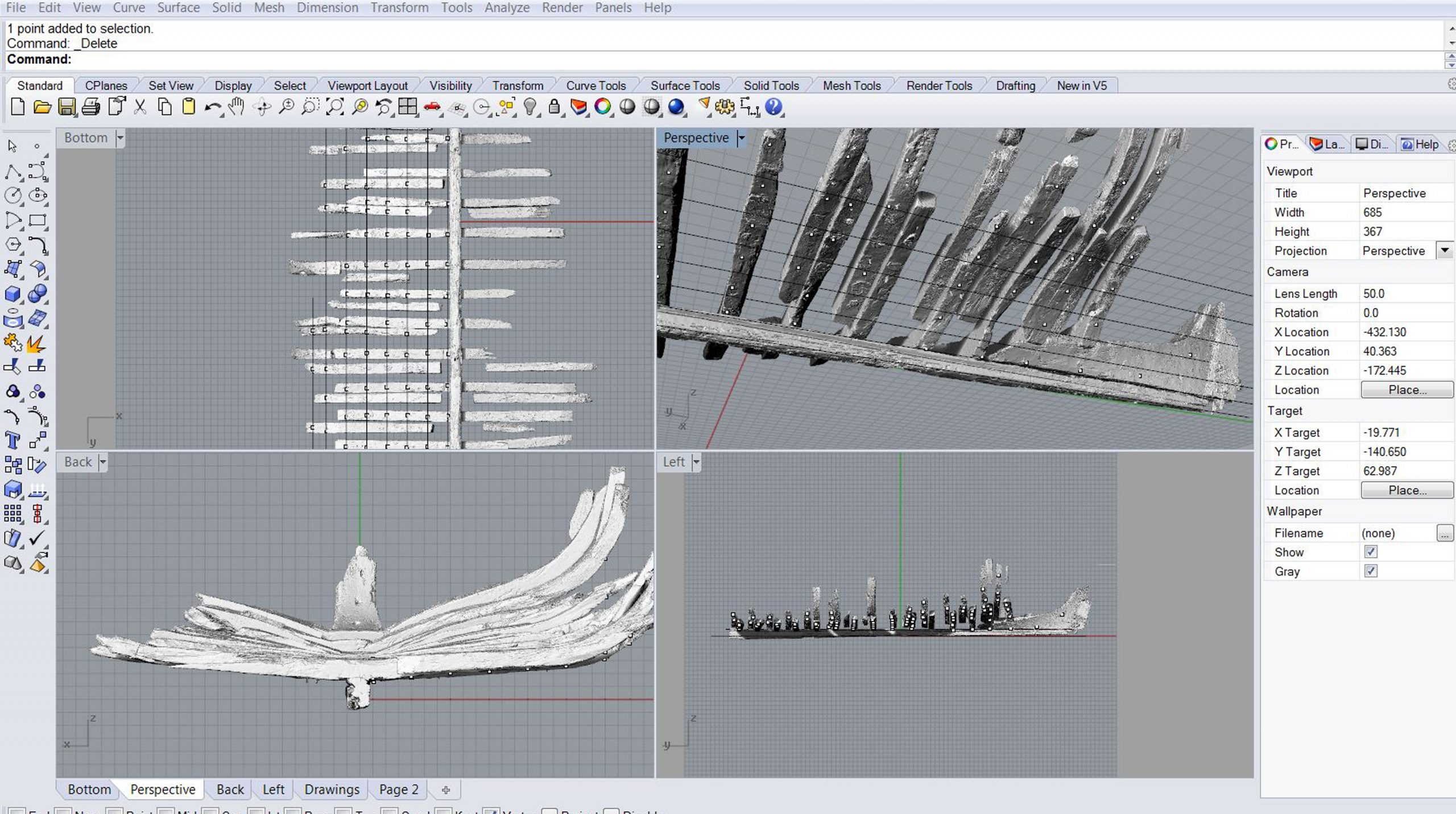 Screen image of the 3-D rendering software showing the ship remains