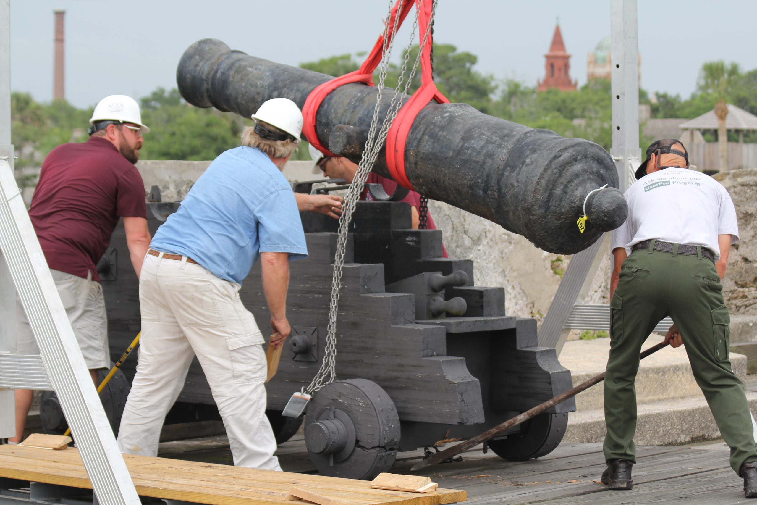 removing a cannon using a chain hoist and gantry