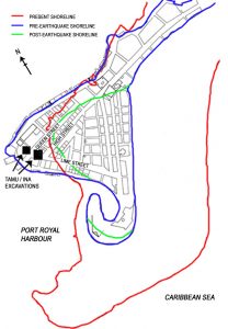map showing pre-earthquake and present shorelines of Port Royal