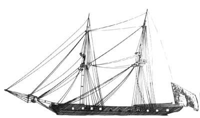 Profile of Jefferson showing standing rigging.