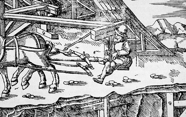 The technology that enabled ferryboat owners to harness the power of horses for boat propulsion existed for many centuries. This sixteenth-century woodcut shows the most common form of horse machinery: the horse whim. Resembling a merry-go-round, this machine had a series of radial bars to which the horses were harnessed. It was simple, reliable, and relatively efficient, but did result in dizzy horses.
