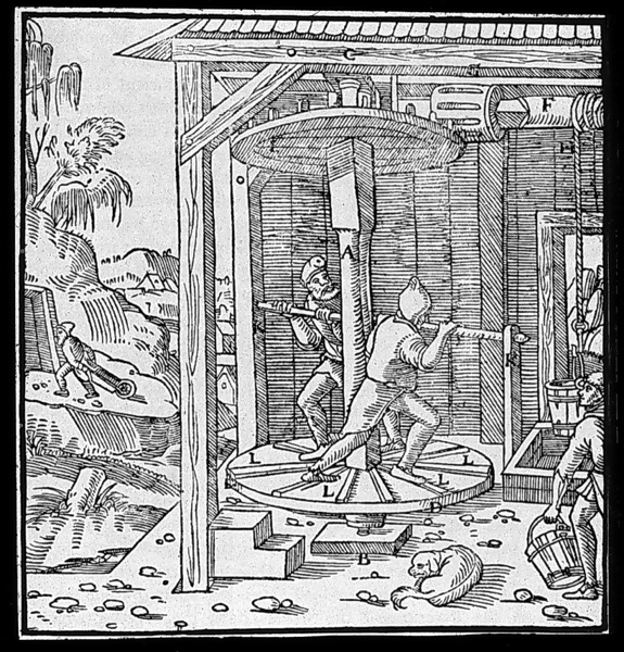 Here is another form of muscle-powered machine employed in the sixteenth century: the <i>horizontal treadwheel</i>. The human powerplants gripped a fixed bar and used their legs to spin the turntable under their feet. Similar versions were made for draft animals. This device will show up again in horse-powered boats in the early 1800s.