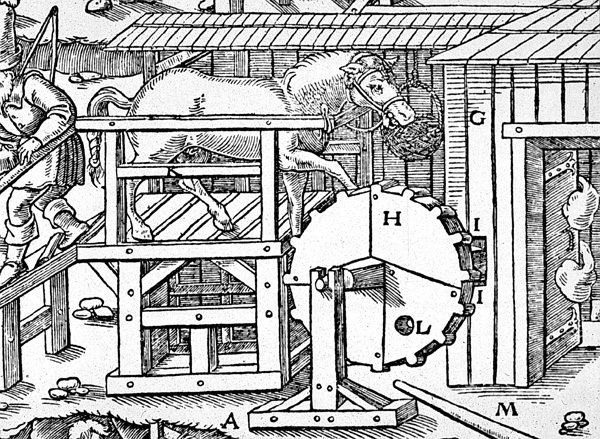 Various European inventors design and in some cases tested horse-powered boats in the 1600s and 1700s. A French inventor, Maurice, the Compte de Saxe, prepared these plans for a horse-powered paddle boat in the 1730s. Horse-propulsion never really caught on in a big way in Europe.