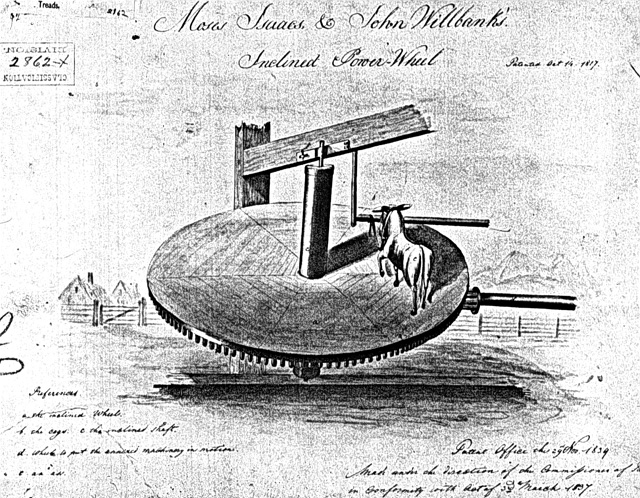 	The solution to the whim’s drawbacks as a boat propulsion machine was to reintroduce the treadwheel: the animal walks in place while the wheel turns under its hooves. These machines were first patented in the U.S. in 1817.