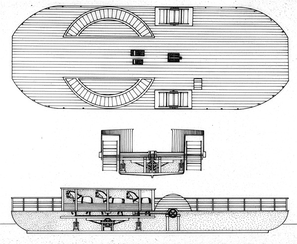 A six-horse horizontal treadwheel horseboat, circa 1827. These boats were surprisingly fast, capable of reaching speeds of six miles (9.65 km) per hour.