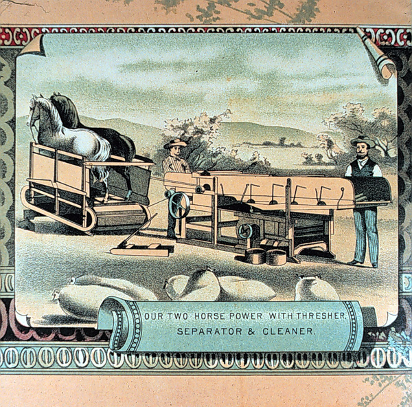 Horse treadmills were welcomed by North American farmers, for with special attachments they could perform a variety of tasks around the farm. In this advertisement a two-horse treadmill powers a grain threshing machine.