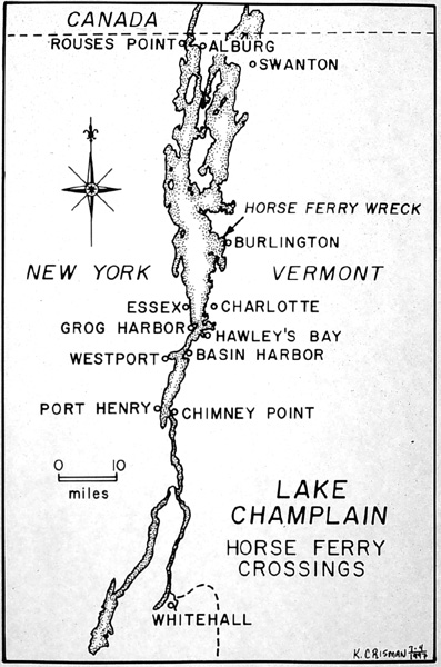 Lake Champlain, situated between Vermont and New York, had a number of medium-distance ferry crossing that were well-suited to horse ferries. The earliest documented horseboat on the lake was the Chimney Point to Port Henry <i>Experiment</i> in 1826.