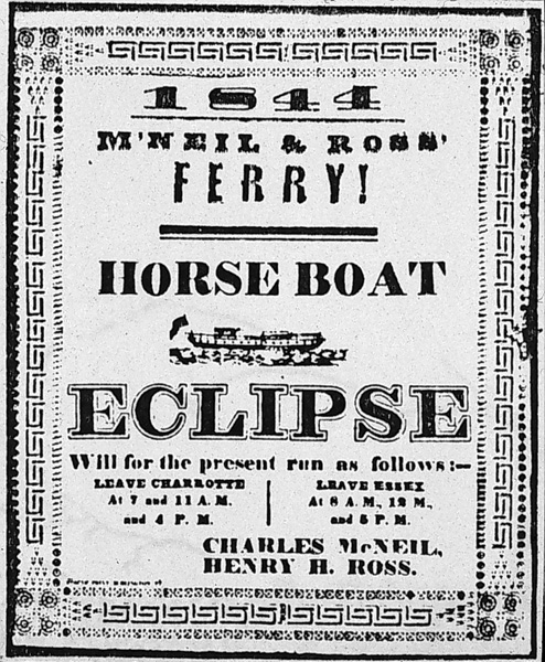 An estimated total of ten horseboats plied Lake Champlain between 1826 and circa 1860, but not much was known about their design, construction, and machinery. This 1844 poster advertises the six-horse Charlotte-Essex ferry <i>Eclipse</i>. Courtesy of the Shelburne Museum, Shelburne, Vermont.