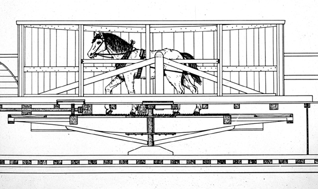 
A profile of the treadwheel beneath the ferry’s deck. The horses faced in opposite directions, one forward, one aft, when the ferry was underway.