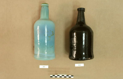 Beer bottles from the Mardi Gras showing a different shoulder than the wine bottles. 