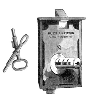 drawing of keys and door lock from hardware catalog