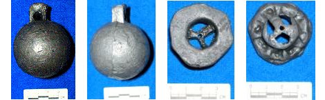 lead ball with drilled hole, and a lead disk with three arms in the middle and a drilled hole