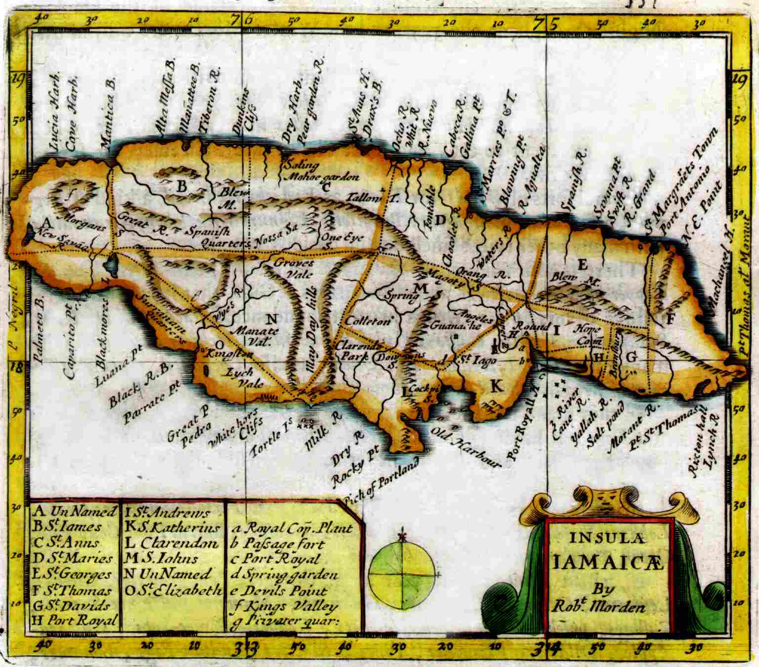 Robert Morden's 1688 Insula Jamaica map