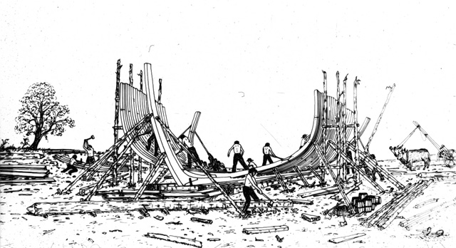 drawing of workers laying the keel of the a brig