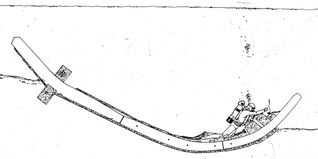 drawing of a diver measuring the remains of a brig