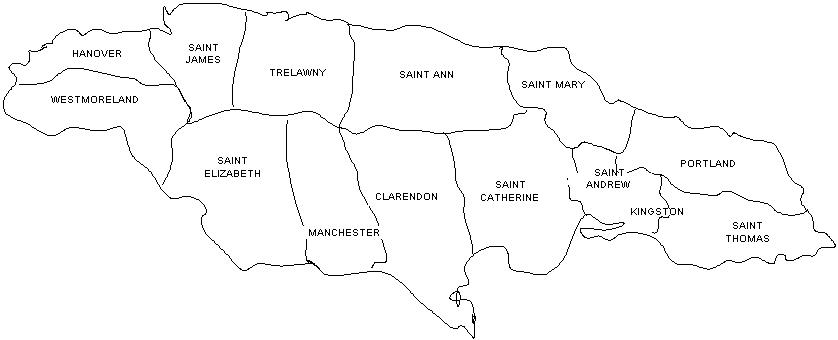 Black and white outline maps of the parishes of Jamaica, from 1866 to the present, including Hanover, Westmoreland, Saint James, Saint Elizabeth, Trelawney, Manchester, Saint Ann, Clarendon, Saint Catherine, Saint Mary, Saint Andrew, Kingston, Portland, and Saint Thomas.