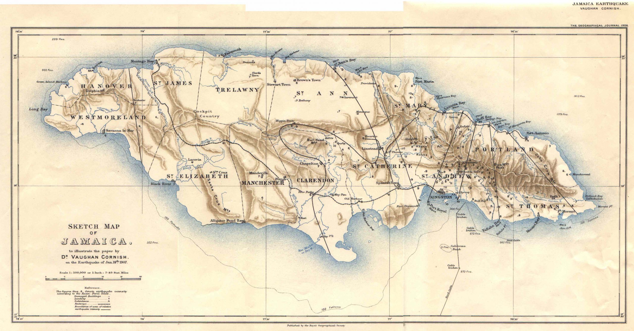 Cornish Map of Jamaica Earthquake - 1908