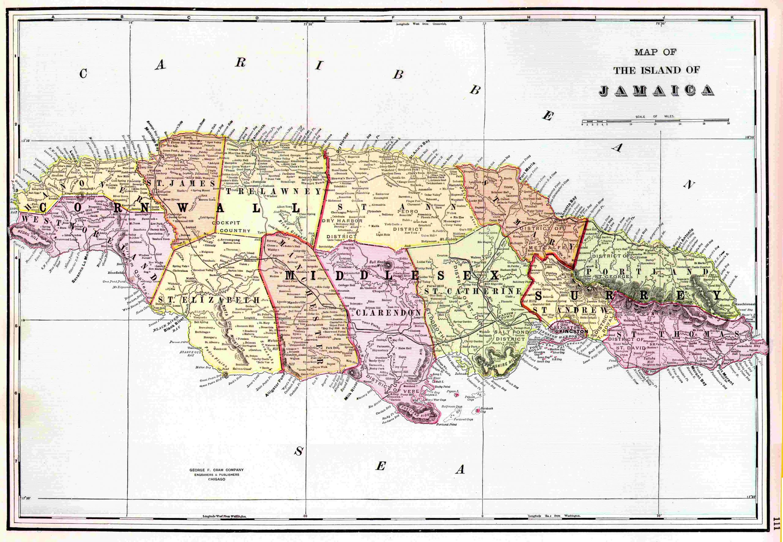 Cram's Map of Jamaica 1910