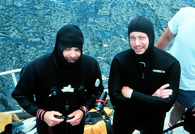 Photo of project co-director Dr. Kevin Crisman (left) and colleague Dr. Fred Hocker (right) prepare for a dive on Water Witch.