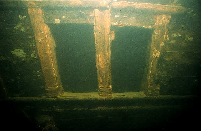 One of the stern cabin windows in the transom of the Water Witch.