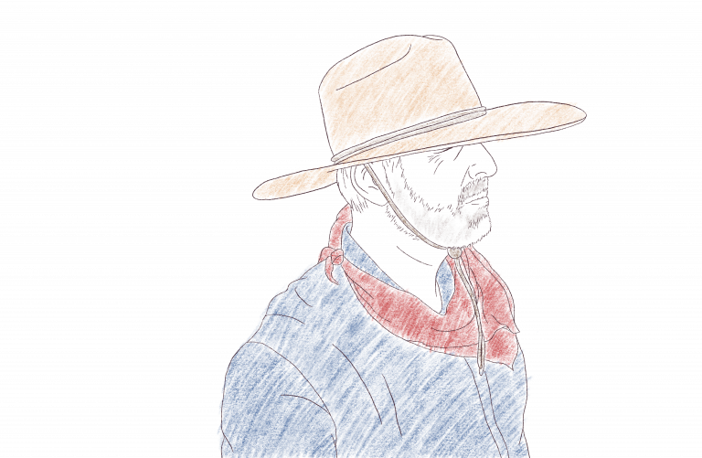 Sketch of Meadows looking over 12 Fires' newly planted vineyard. A broad brimmed straw hat covers his eyes and a satisfied smile graces his lips.