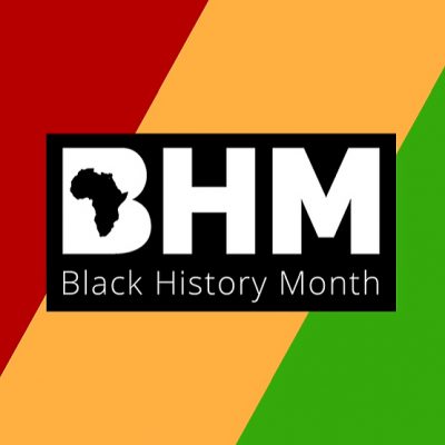 letters "BHM" and the wordsBlack History Month on a background of red, yellow and green