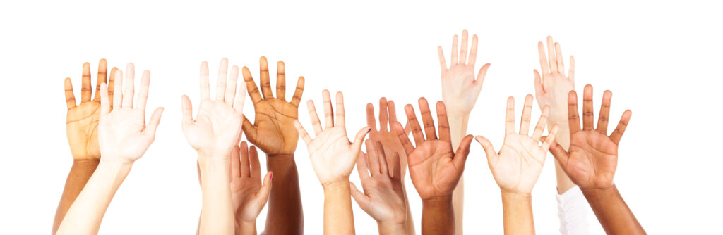 image of seven pairs of hands, all different skin tones, held upright against a white background