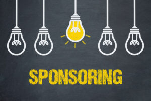 illustration of five lightbulbs hanging from cords, all off except the middle one which glows yellow. beneath is the word "SPONSORING" in yellow.
