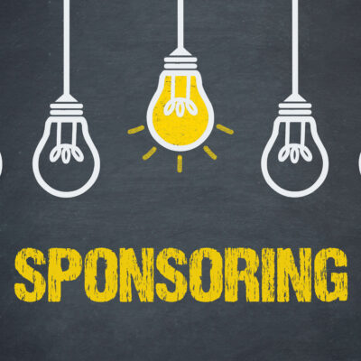 illustration of five lightbulbs hanging from cords, all off except the middle one which glows yellow. beneath is the word "SPONSORING" in yellow.