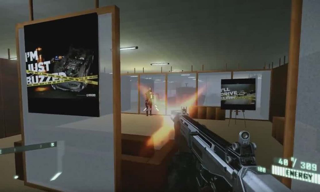 Screen shot of a first-person shooter video game featuring anti-drinking and driving posters