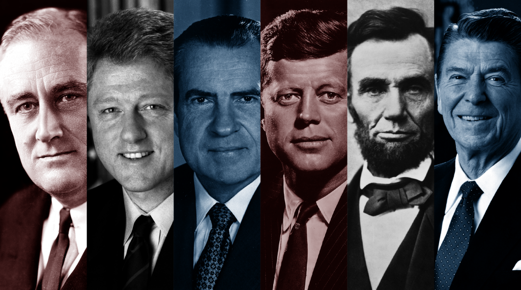 Montage of photos of Presidents FDR, Bill Clinton, Richard Nixon, JFK, Lincoln, and Ronald Reagan