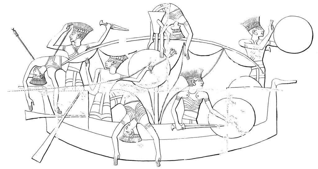 One of the five Sea Peoples’ ship depictions in Ramses III’s naval battle scene. Medinet Habu. From Wachsmann 2013: 38, fig. 2.5