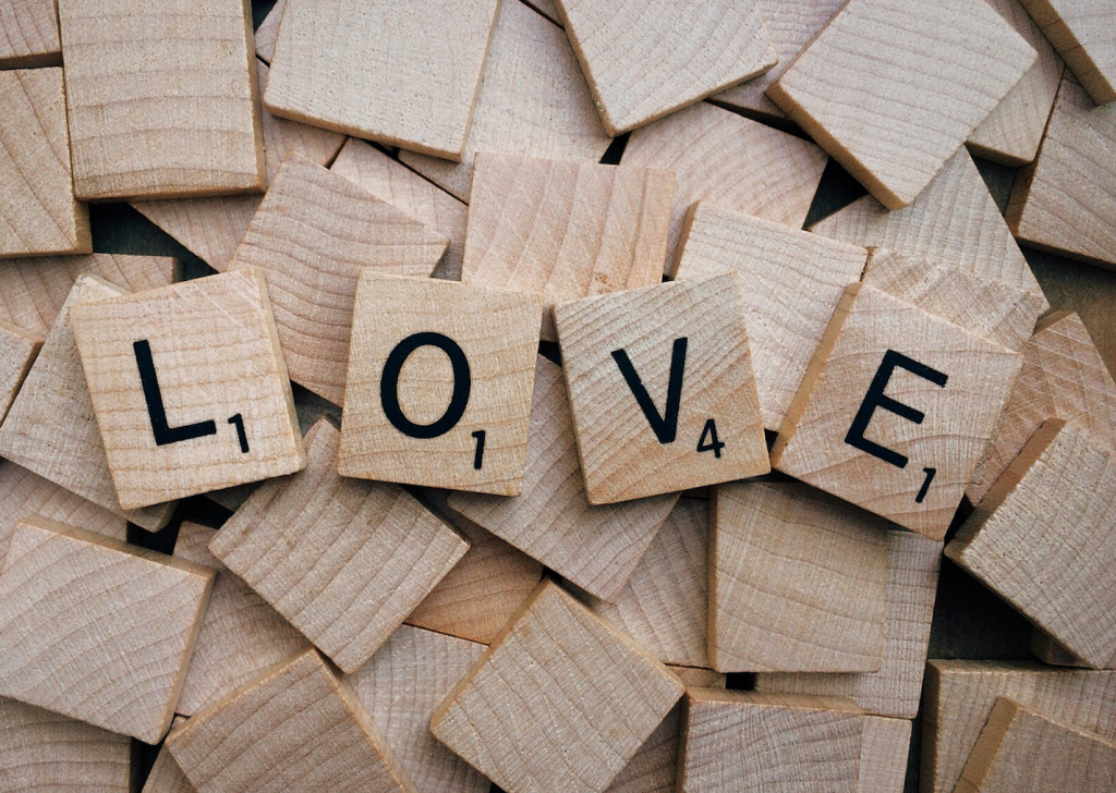 LOVE spelled with Scrabble letters