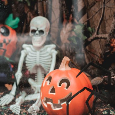 Skeleton and pumpkin decorations
