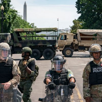 Police forces and National Guard vehicles are used to block 16th Street near Lafayette Park and the White House on June 3, 2020 in Washington, DC. Protests in cities throughout the country continue in the wake of the death of George Floyd, a black man who died while in police custody in Minneapolis on May 25..