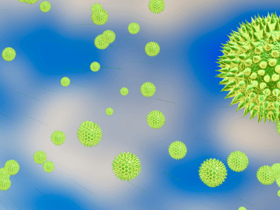graphic of pollen particles against a blue cloudy sky